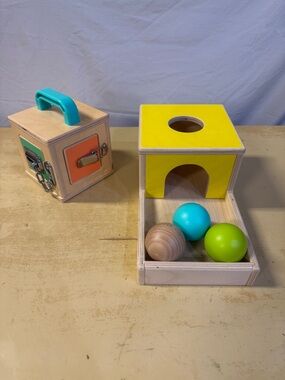 LOVEVERY Wooden Ball Drop and Lock Box Activity Set - Yellow, Blue, Green